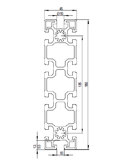 Aluminium profile 45x180 10 mm slot per metre | EASI-Spare